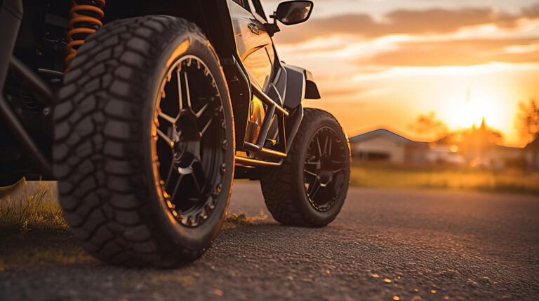 Štvorkolka (ATV) počas jazdy na asfaltovej ceste, ilustrujúca rozdielne jazdné vlastnosti oproti terénu.